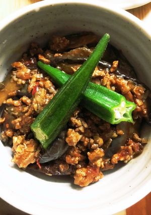 我が家の丼　麻婆茄子丼(オクラ乗せ)-レシピのメイン写真
