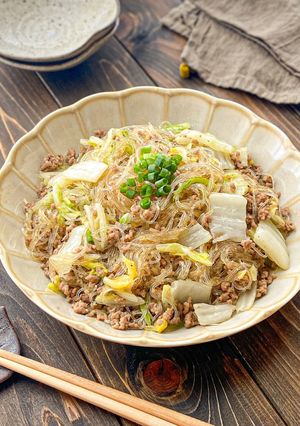 ワンパンでパパッと白菜とひき肉の春雨炒め-レシピのメイン写真