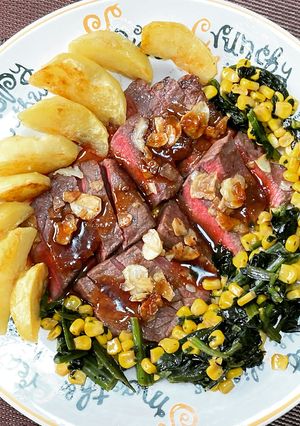 牛肉ステーキ焼き彩りミックス!(^^)!-レシピのメイン写真