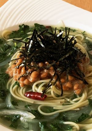 モロヘイヤと納豆のスープパスタ-レシピのメイン写真