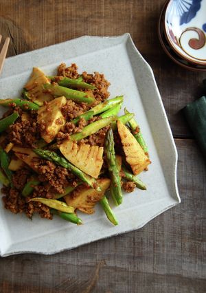 筍とアスパラと挽き肉のカレー炒め-レシピのメイン写真