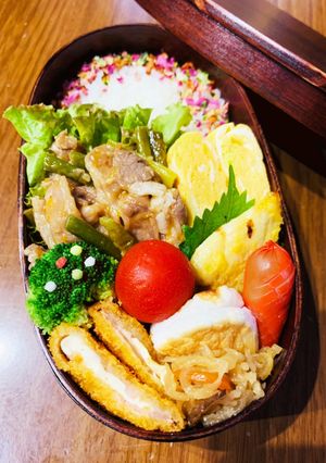 豚バラニンニクの芽炒めわっぱ弁当♡-レシピのメイン写真