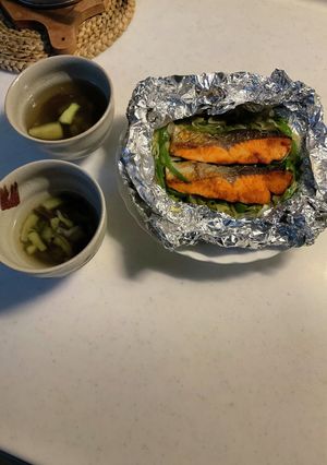 茄子吸物秋鮭とピーマン玉葱のホイール焼き-レシピのメイン写真