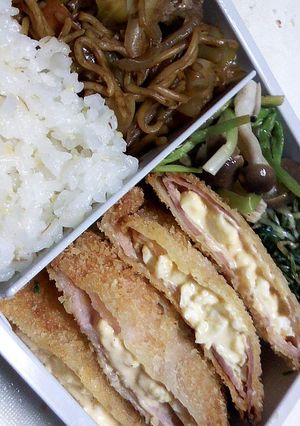 【弁当】マヨ玉ハムかつ＆しめじレモン蒸し-レシピのメイン写真
