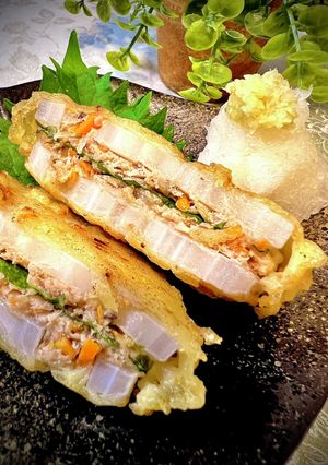 蓮根の挟み揚げ【大葉、たくさんの野菜入】-レシピのメイン写真