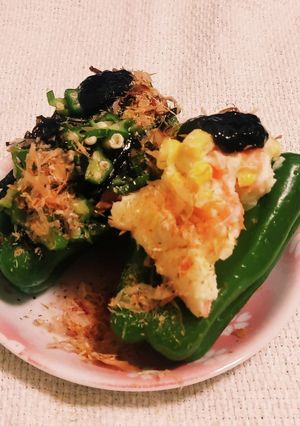 ピーマン丸ごとポテサラ海苔&オクラ昆布煮-レシピのメイン写真