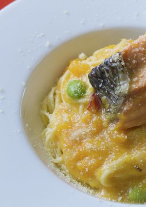 秋鮭のバターナッツスープパスタ-レシピのメイン写真