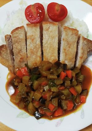 豚ロース竜田揚げ焼き五宝キーマカレー-レシピのメイン写真