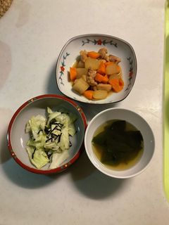 キャベツの和え物わかめスープ肉野菜煮物-レシピのメイン写真