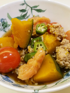 かぼちゃ克服!かぼちゃと夏野菜のそぼろ煮-レシピのメイン写真