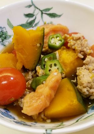 かぼちゃ克服!かぼちゃと夏野菜のそぼろ煮-レシピのメイン写真