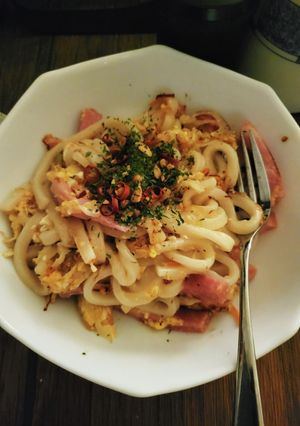 お昼にサッと卵入りうどんペペロンチーノ！-レシピのメイン写真