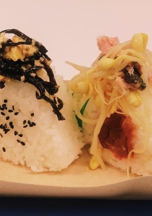 ごま昆布煮卵サラダ&鮭豆もやし梅おにぎり-レシピのメイン写真