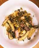 高菜漬けとシイタケ焼きたらこのごま油炒め