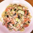 鮭と茄子としめじのクリームパスタ