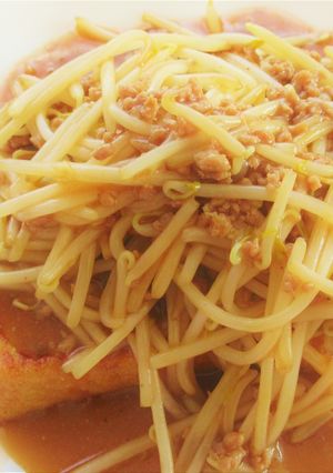 厚揚げの焼いたん ひき肉もやしのあんかけ-レシピのメイン写真