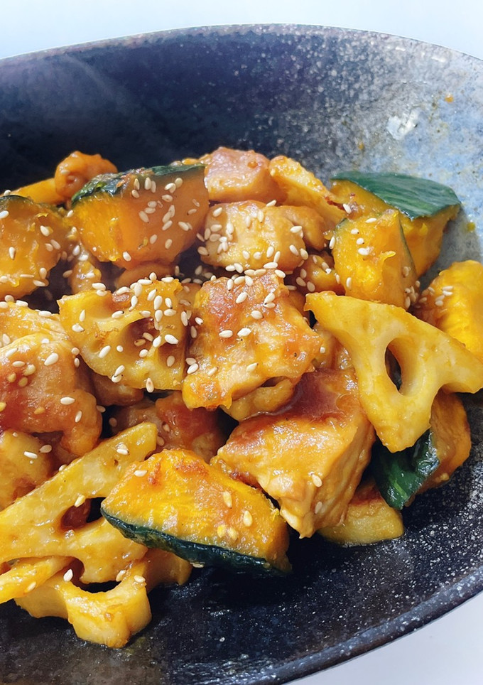 れんこんとかぼちゃの鶏肉甘酢炒め-レシピのメイン写真