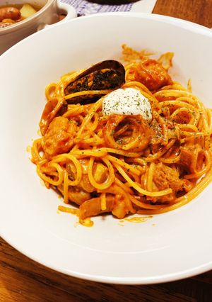 五右衛門風☆魚介のトマトクリームパスタ-レシピのメイン写真