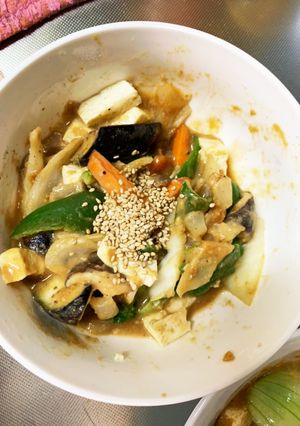 レンジ肉無豆腐簡単きな粉カルボ風野菜炒め-レシピのメイン写真