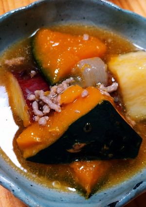 かぼちゃ、さつまいもの豚ミンチあん煮-レシピのメイン写真