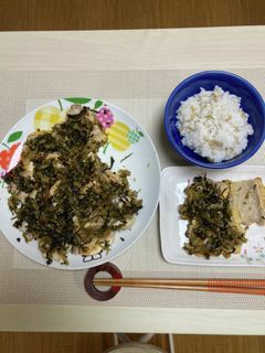 油揚げに豚肉と高菜の油炒め乗せた蒸し焼き-レシピのメイン写真