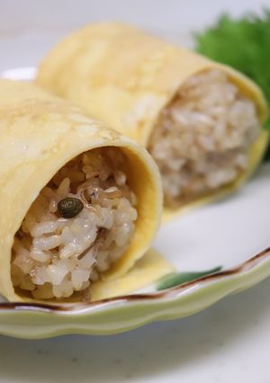 朝昼夕♪薄焼き卵でちりめん山椒玄米結び-レシピのメイン写真