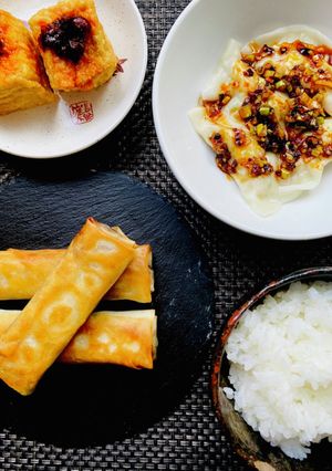 新米で中華定食　茄子の春巻きと水餃子-レシピのメイン写真