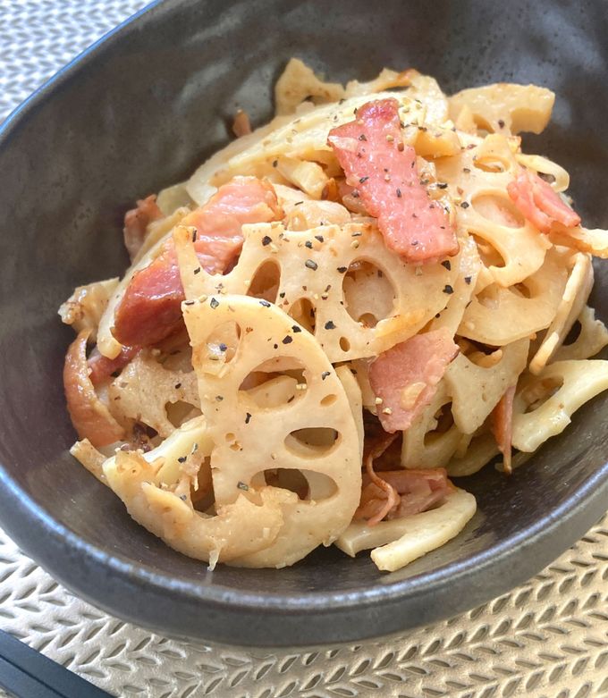 れんこんページ れんこんとベーコンのガーリック醤油炒め by 管理栄養士まいまい