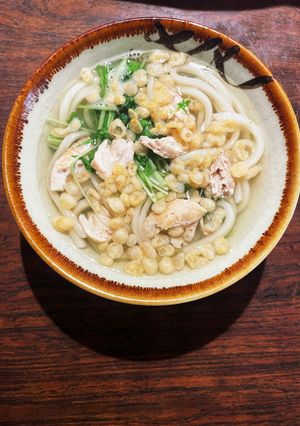 水菜とササミ入り揚げ玉素うどん-レシピのメイン写真