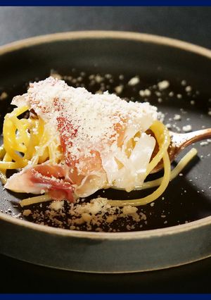 果物で冷製パスタ!?「柿のカルボナーラ」-レシピのメイン写真