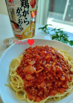 鶏がらかつおだしdeミートソースパスタ-レシピのメイン写真