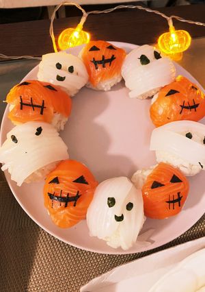 ハロウィン手毬寿司　パンプキン&ミイラ-レシピのメイン写真