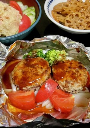 ホイル包みハンバーグ( ᐛ )و①-レシピのメイン写真