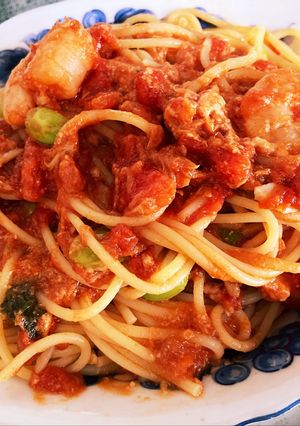 エビとツナとトマトのクリーム風パスタ-レシピのメイン写真