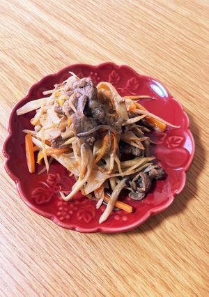 【便秘解消】根菜と牛コマのピリ辛炒め-レシピのメイン写真