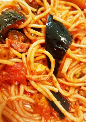 ナスとハムのトマトソースパスタ-レシピのメイン写真