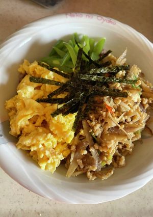 鶏ひき肉とごぼうの三色丼-レシピのメイン写真