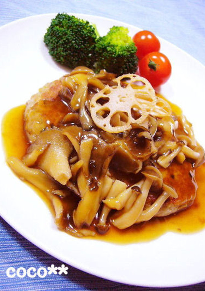 和風きのこあん♡ふわとろ蓮根鶏肉バーグ-レシピのメイン写真