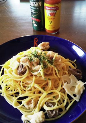 鶏皮とハツと蓮根のかんずリソースパスタ-レシピのメイン写真