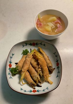 茄子とピーマンの肉巻き、コンソメスープ-レシピのメイン写真