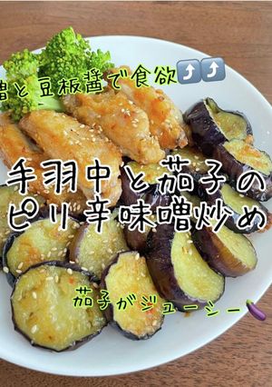 手羽中と茄子のピリ辛味噌炒め-レシピのメイン写真