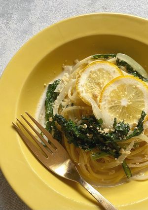 植物性の春菊香る塩麹レモンクリームパスタ-レシピのメイン写真
