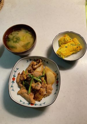 蕪と豚肉の甘辛炒め、葱の卵焼き、味噌汁-レシピのメイン写真