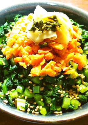 鮭フレークと大根の葉の二色丼　SDGs-レシピのメイン写真