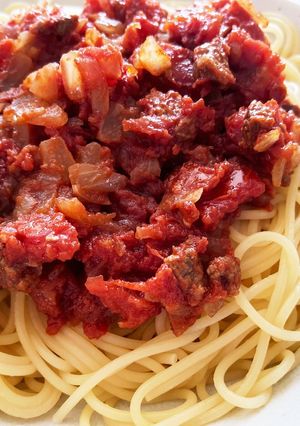 塩不使用の鹿肉トマトソースパスタ-レシピのメイン写真