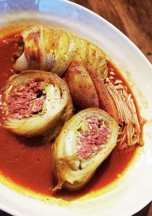 コンビーフとえのきのロール白菜トマト煮-レシピのメイン写真