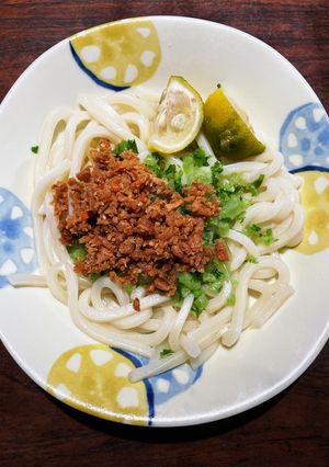レンチン柚子入りそぼろと大根菜で讃岐饂飩-レシピのメイン写真