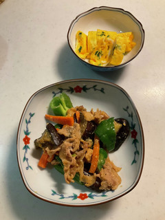 茄子と豚肉の味噌炒め、葱の卵焼き-レシピのメイン写真