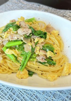 ワンパン♪わさび菜と豚バラのパスタ-レシピのメイン写真