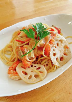 エビとベビーホタテのパスタ・レンコン入り-レシピのメイン写真